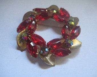 DeLizza & Elster aka Juliana Wreath Pin with Siam Stones and Metal Leaf Accents