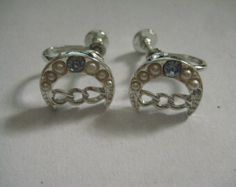 Crescent Moons Rhodium Plated Screwback Earrings Faux Pearls and Rhinestones