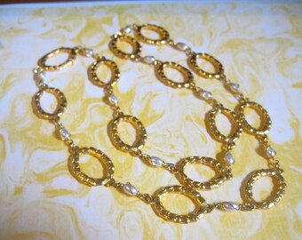 Golden Ovals and Faux Pearls Necklace 27" Long Over The Head No Clasp