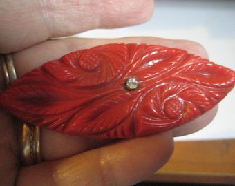 Vintage 30s or 40s Carved Red Bakelite or Catalin Flower Pin Heavily Carved with Rhinestone Centere