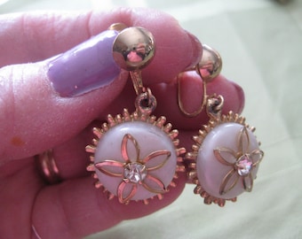 60s  Vintage Screwback Drop Earrings with White Disc with Rhinestone Accents Soft Plastic Probably Celluloid