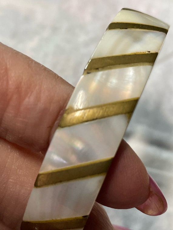 Antique Brass and Mother of Pearl Bangle Bracelet - image 6
