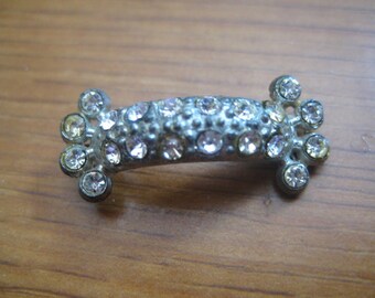 1930s Silver Plated Pot Metal Bowed Bar Pin with Rhinestones