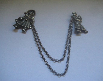 Cute Dutch Chatelaine Pin in Sterling of Courting Boy and Girl