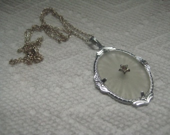 Art Deco  Rhodium Plated Filigree Necklace with Camphor Glass in Starburst Design with Rhinestone in Star