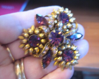 50s Gold Plate Flower Pin withAmethyst Chaton and Navette Cut Rhinestones Lovely