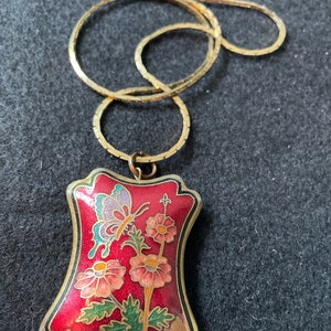 Cloisonne Double Sided Butterfly On Flowers Red Pink and Green on Goldtone Chain