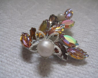 Continental White Enameled Floral Pin with Faux Pearls Molded Leaf Stones and Navette Rhinestones