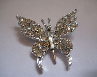 Pot Metal and Rhinestones Butterfly Pin Rhodium Plated Metal
