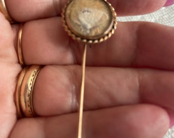 Victorian gold plated stickpin with butterfly under glass and rope edge