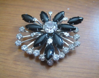 50s Jet Glass Navettes Floral Pin with Crystal Chaton Rhinestone Accents