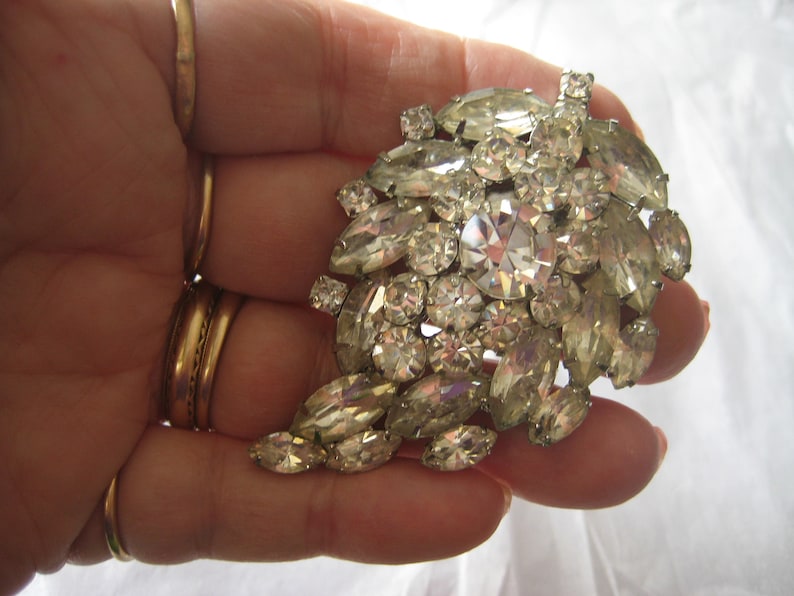 Juliana Styled Crystal Navette and Chaton Cut Stones in Leaf Shaped Brooch