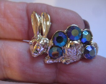 Topaz AB Rhinestone in Rabbit Figural Belly and Gold Tone Metal  60s Jewelry