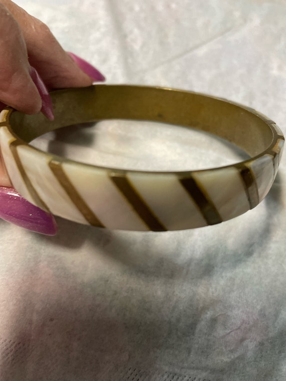 Antique Brass and Mother of Pearl Bangle Bracelet - image 2