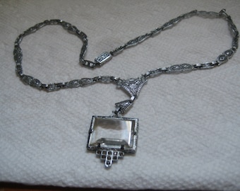 Art Deco Rhodium Plated Filigree Necklace with Large 20x15mm Crystal Stone and Crystal Rhinestone Accents