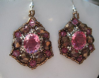 Bronze  and Rose Crystals Pierced Wire Earrings Designed by ME in the French Style