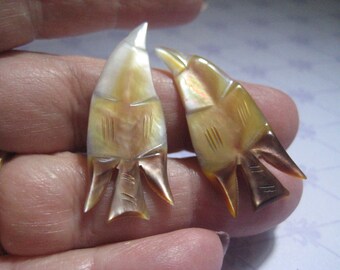 40s or 50s Carved Brown Lipped Mussel Leaf Shaped Clip On Earrings