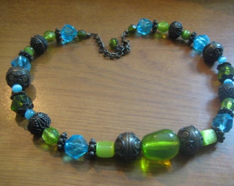 Heavy Glass Beads Bronze Metal Beads and Catseyes Beads Necklace with Lobster Claw Clasp