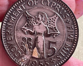 1955 Queen Elizabeth the Second Cyprus 5 Mil Coin Tie Clip