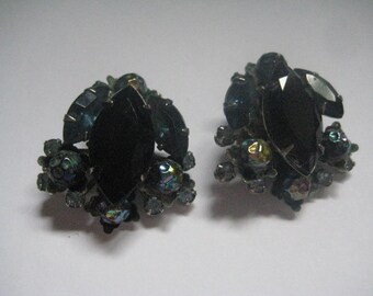 JUDY LEE Signed Rhinestone Clip On Earrings from the 50s Jet Navette Iris Beads