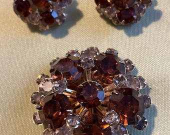50s Smoked Topaz and Crystal Rhinestone Demi Parure of Brooch and Clip On Earrings