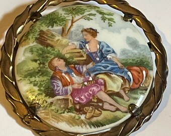 LIMOGES FRANCE Hand Painted Courting Couple Porcelain Brooch Trumpet Clasp Victorian
