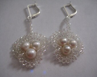 Ruffled Wedding White Fresh Water Pearls and Crystal AB Delicas   Designed by ME