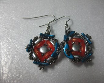 Handmade Pierced Wire Bead Woven Earrings with Crescent and Disc Duo