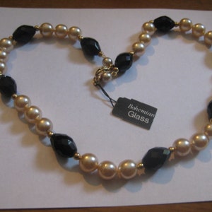 Black Bohemian Glass Mellon Beads and Faux Pearl Necklace with Lobster Claw Clasp