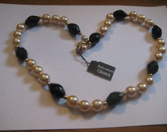 Black Bohemian Glass Mellon Beads and Faux Pearl Necklace with Lobster Claw Clasp