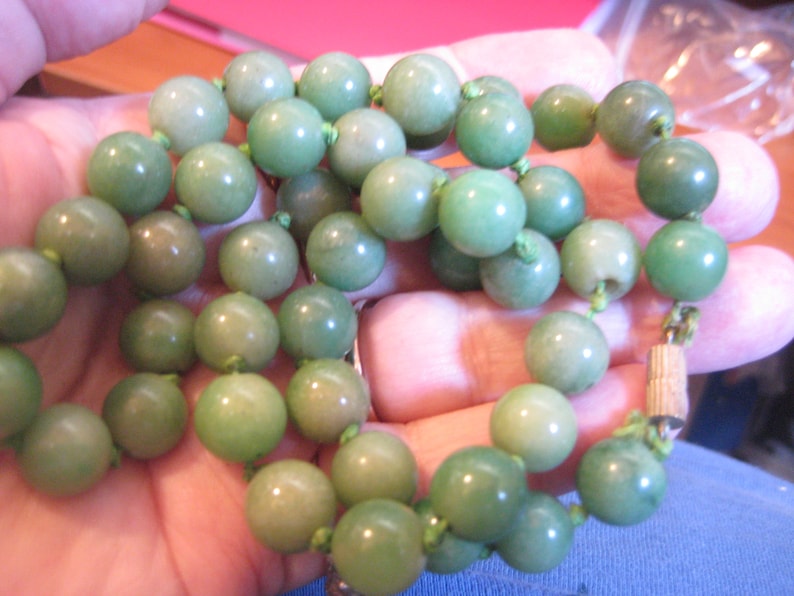 Natural Color Jade Beads Hand Tied with Silk and Barrel Clasp 24 Inches Long 46 11mm Beads