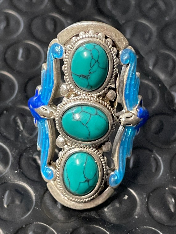 Chinese Import Ladies Adjustable Shank Silver Inlay with Turquoise? and Enamel Dragons