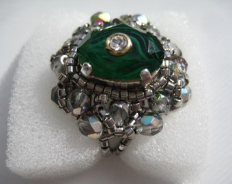 Emerald Quartz Rhinestone with Crystal Center Beaded Ring by ME Size 7