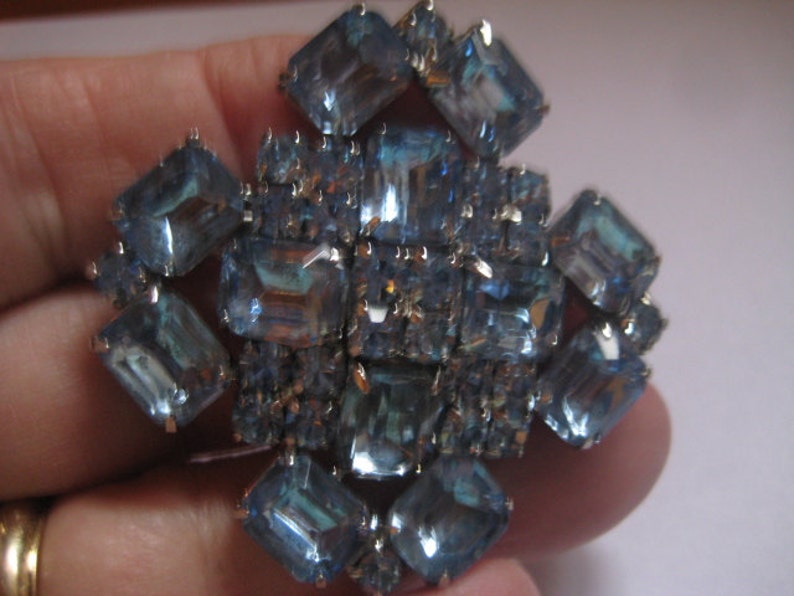Light Sapphire Octagons and Chatons in Square Shaped Vintage Brooch image 3