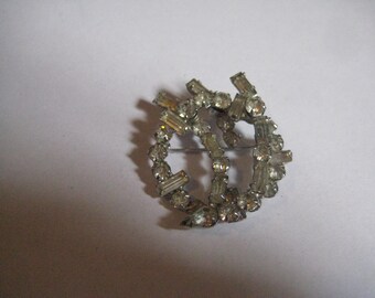 Antique Potmetal and Rhinestone Circle Pin from the 50s