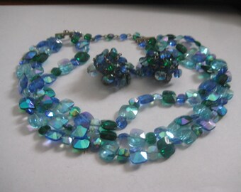 Vogue Vintage Demi 3 Strand Necklace and Waterfall Clipback Earrings Blues and Greens