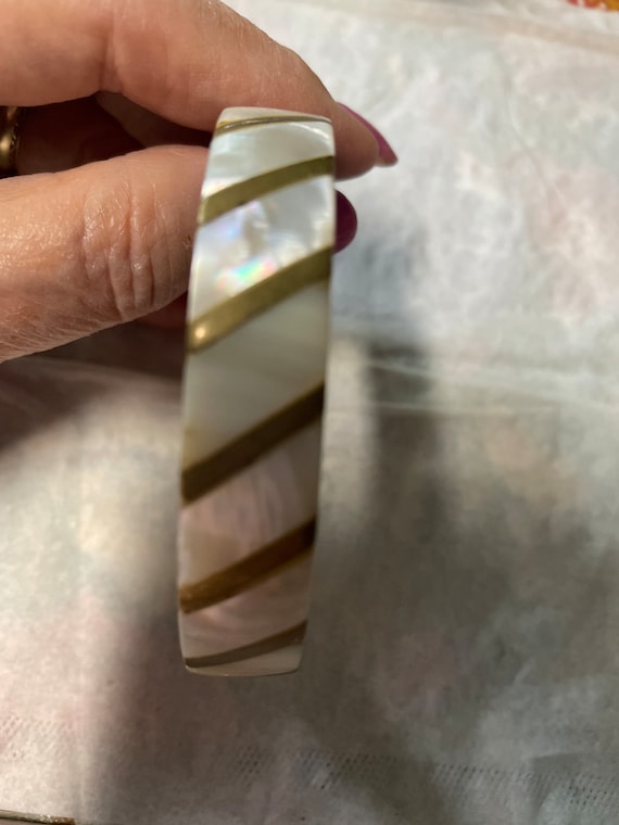 Antique Brass and Mother of Pearl Bangle Bracelet - image 1