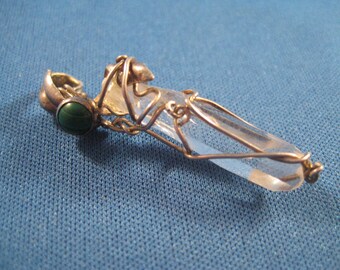 Quartz Crystal Point Pendant with Malachite Cabochon on Bail Wire Wrapped Sterling