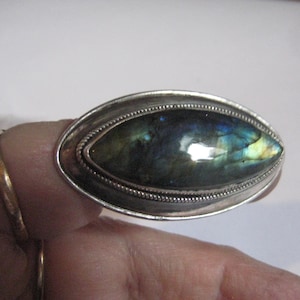 Blue Flash Labradorite Ring: Sterling Silver Marquis Cut, Size 7.5