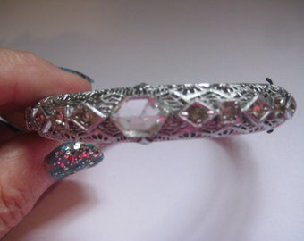 Art Deco Rhodium Plated Filigree Bracelet with Unusual Cut Clear Stones Domed and Beautiful