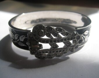 Art Deco PSCo Plainville Stock Company Rhodium Plated with Black Enamel Band and Rhinestone Buckle