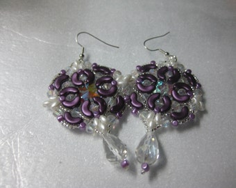 Large Handmade Bead Woven Pierced Wire Earrings with Arcos Super Duo Rivolis and Faceted Crystals