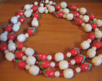 Hong Kong 3 Strand Choker and Clip On Earrings on Original Card Sugar Beads Red Glass Strawberries Plastic Tops
