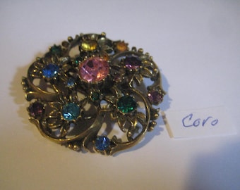 Lovely Brass and Rhinestone Large Oval Pin Vintage 30sor 40s Pink and Red Stones