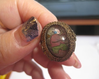 1920s  Chinese Import Mens Adjustable Shank Ring with Asian Man Picture Under Glass