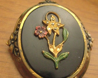 Huge Antique Onyx Cabochon Cameo with Floral Topper in Gold Gilt Victorian Copy