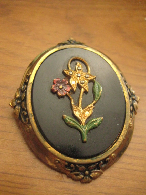 Huge Antique Onyx Cabochon Cameo with Floral Toppe