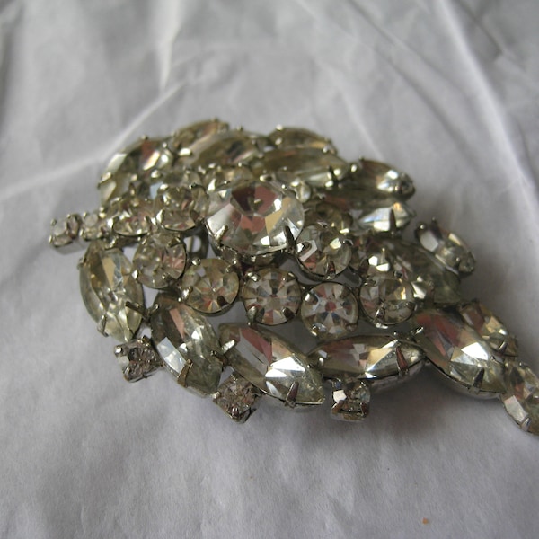 Juliana Styled Crystal Navette and Chaton Cut Stones  in Leaf Shaped Brooch