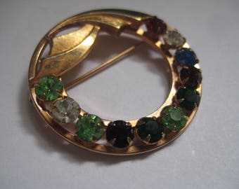 Antique 1 20th 12K GF Circle Pin with  Ribbon and Multi Colored Rhinestones Mothers Pin from the 60s
