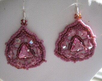Rose Triangle Rhinestone Pierced Wire Beaded Earrings Designed by Margaret Ellison